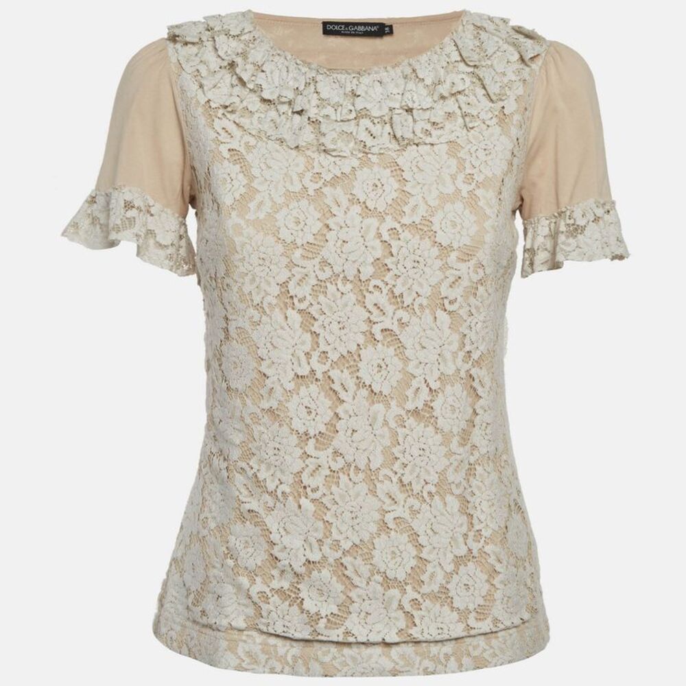 Dolce & Gabbana Beige Jersey And Lace Ruffle Top S